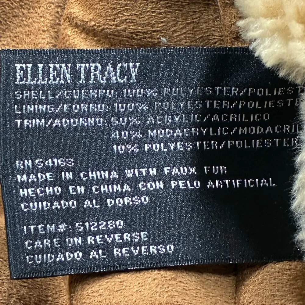 Ellen Tracy Jacket Coat Womens XL Brown Faux Suede Hooded Fur Trim Sherpa Lined